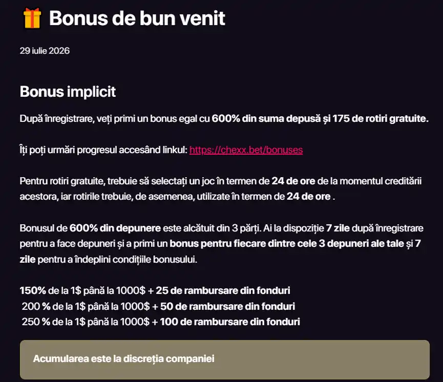 Captură din articolul oficial CHEXX despre bonusul de bun venit