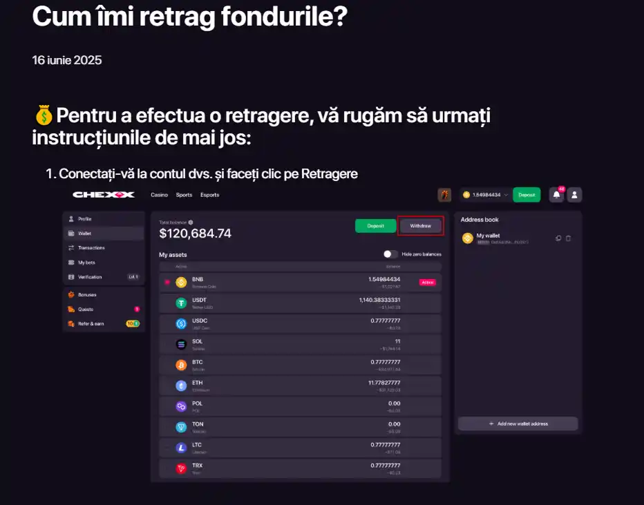 Captură din instrucțiunile oficiale CHEXX pentru retragerea fondurilor