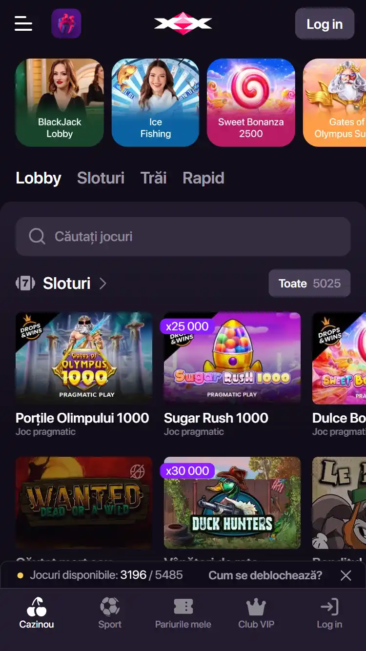 Captură din catalogul CHEXX Casino cu categoriile și filtrul de provideri vizibile