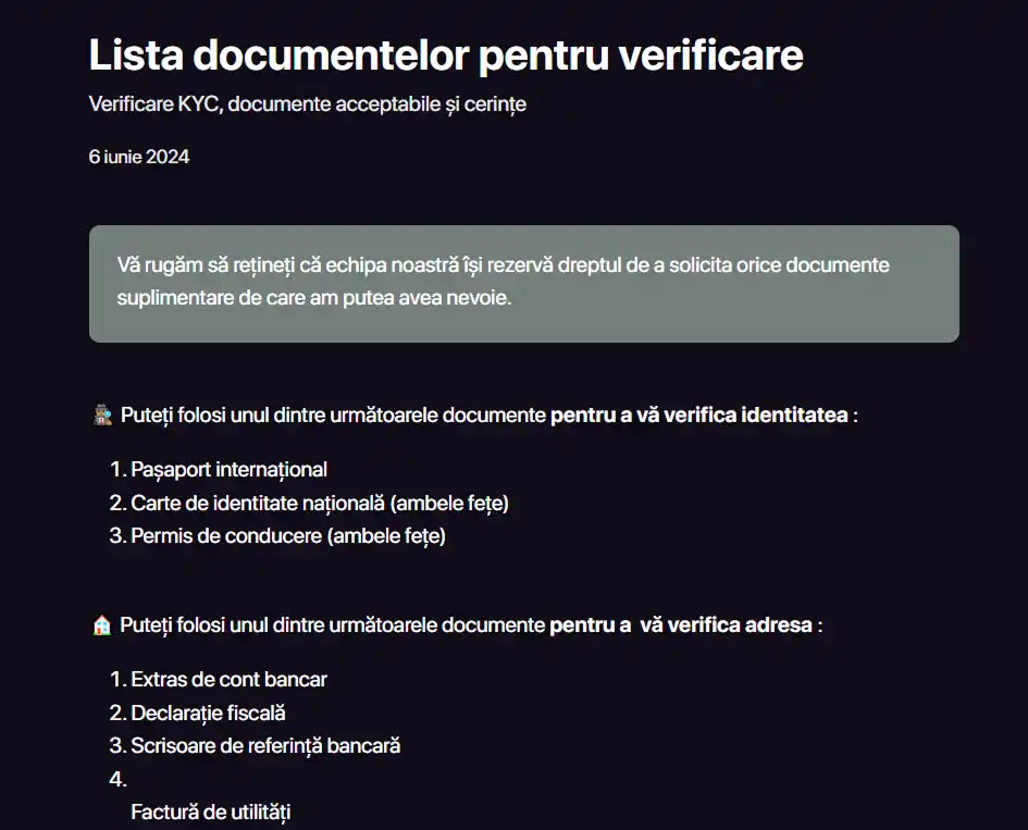 Captură din articolul oficial CHEXX cu documentele acceptate pentru KYC
