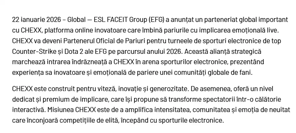 Captură reală a anunțului ESL FACEIT Group despre parteneriatul CHEXX din 2026