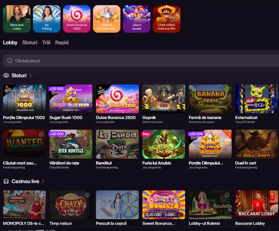 Captură reală a secțiunii CHEXX Casino cu categoriile de jocuri