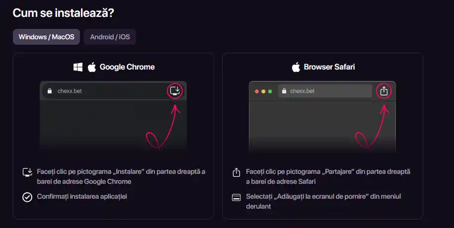 Captură reală a paginii CHEXX pentru instalarea aplicației PWA